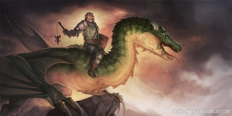 ambiguous_gender armor clothed clothing duo feral green_body green_scales holding_object holding_weapon horn male open_mouth scales teeth tongue weapon yellow_eyes pechschwinge european_mythology mythology dragon human mammal mythological_creature mythological_scalie scalie western_dragon wyvern 2019 2:1