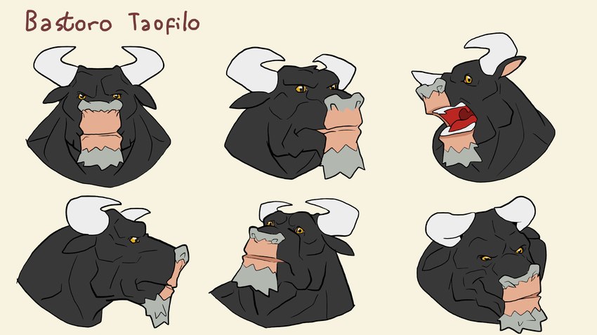 black_bull cape clothing fantasy male muscular muscular_male solo warkini rickleone bastoro bovid bovine cattle mammal hi_res model_sheet