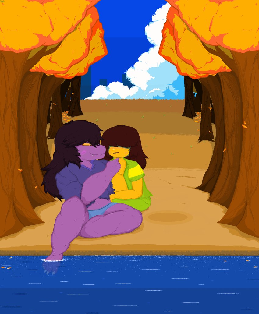 anthro blush claws clothed clothing cloud detailed_background duo female flirting flirting_look hair hand_on_chin lake male male/female narrowed_eyes pixelated romantic romantic_couple sky skyscape smile teeth text water pachiimochii deltarune mythology undertale_(series) kris_(deltarune) susie_(deltarune) dragon human humanoid mammal mythological_creature mythological_scalie reptile scalie absurd_res detailed digital_media_(artwork) english_text hi_res pixel_(artwork) pyxel_edit_(artwork)