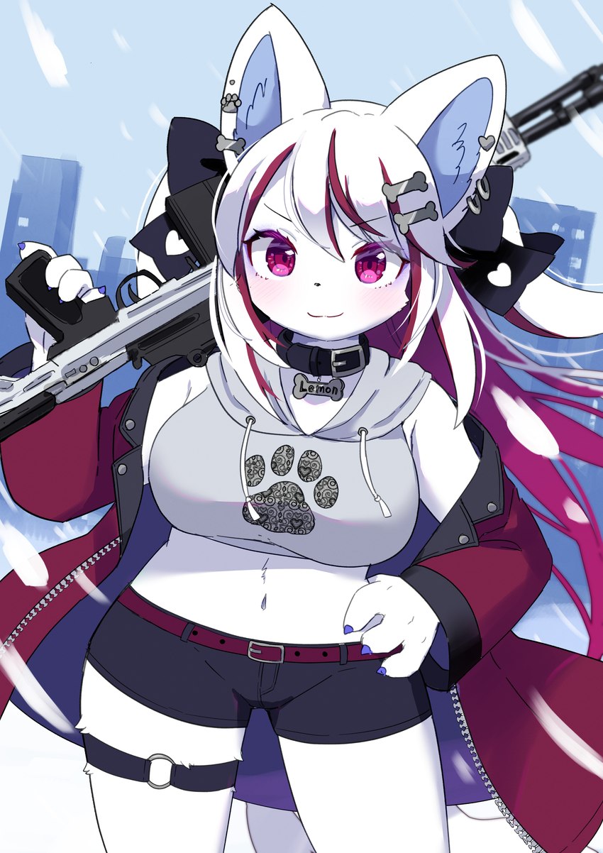 accessory airsoft_gun anthro belt big_breasts bottomwear breasts city cityscape clothed clothing coat collar ear_piercing ear_ring female footprint fur garter gun hair hand_on_hip holding_gun holding_object holding_ranged_weapon holding_weapon hoodie kemono long_hair markings midriff multicolored_hair name_tag off_shoulder open_clothing open_coat open_topwear outside paisley_pattern pawprint pawprint_(marking) paws piercing raised_finger raised_pinky ranged_weapon red_eyes red_hair rifle ring_piercing shorts smile snow solo streetwear topwear two_tone_hair weapon white_body white_fur white_hair zipper kemoribbon vtuber yoro_lemon bovid canid canine canis caprine hybrid mammal sheep wolf absurd_res hi_res