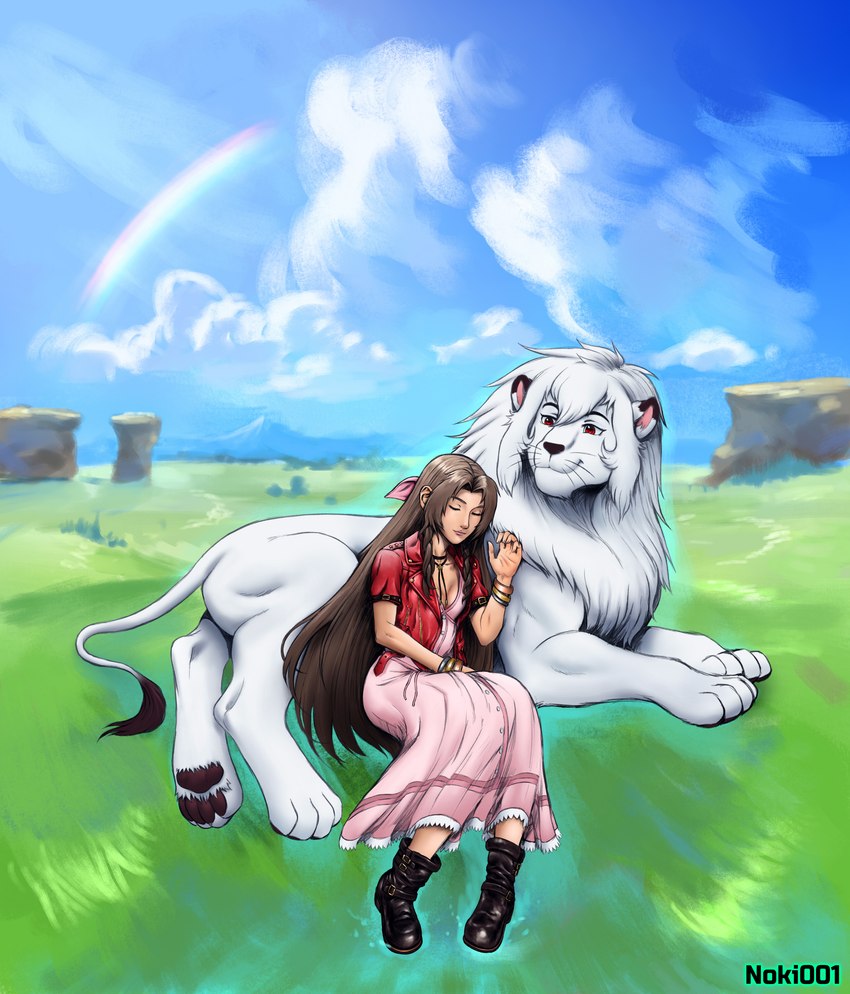 blue_sky bracelet clothing detailed_background dress duo eyes_closed female feral footwear fur grass jewelry landscape_background male mane mouth_closed necklace pawpads paws plant rainbow shoes sitting sky smile sunny whiskers white_body white_clouds white_fur white_mane noki001 final_fantasy final_fantasy_vii kimba_the_white_lion osamu_tezuka square_enix aerith_gainsborough kimba human mammal absurd_res hi_res