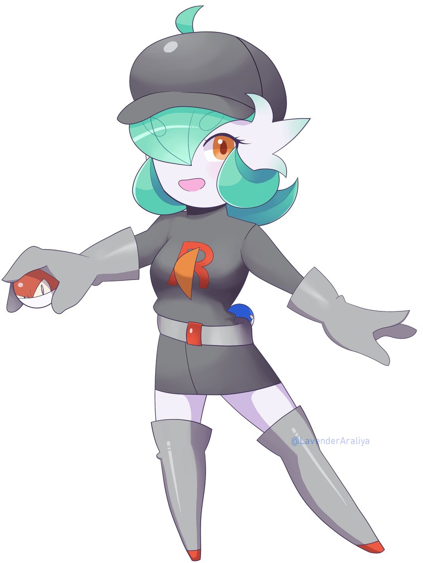 3_fingers ahoge clothing costume female fingers gloves green_hair hair hair_over_eye handwear hat headgear headwear high_boots not_furry one_eye_obstructed open_mouth orange_eyes simple_background solo white_background lavenderaraliya nintendo pokemon team_rocket grunt_(pokemon) lavy_(lavenderaraliya) rocket_grunt gardevoir generation_1_pokemon generation_3_pokemon pokemon_(species) voltorb 2020 absurd_res hi_res signature