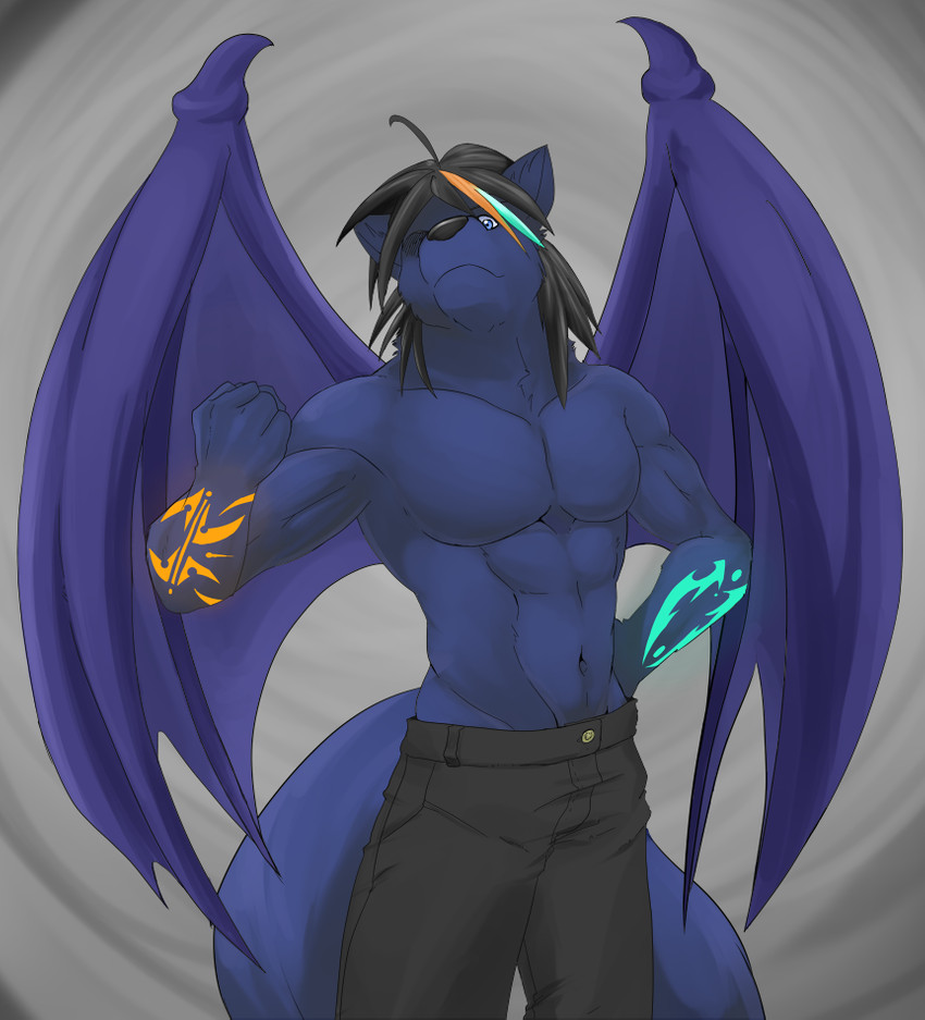 2_tails ahoge anthro athletic athletic_anthro athletic_male bat_wings black_hair black_nose blue_body blue_fur bottomwear clothed clothing denim denim_bottomwear denim_clothing fist fur glowing glowing_tattoo hair highlights_(coloring) jeans looking_at_viewer looking_down magical_tattoo male membrane_(anatomy) membranous_wings multi_tail muscular muscular_arms navel pants pecs simple_background solo tail tattoo topless wings geng canid canine canis demon hybrid mammal wolf 2014 colored shaded