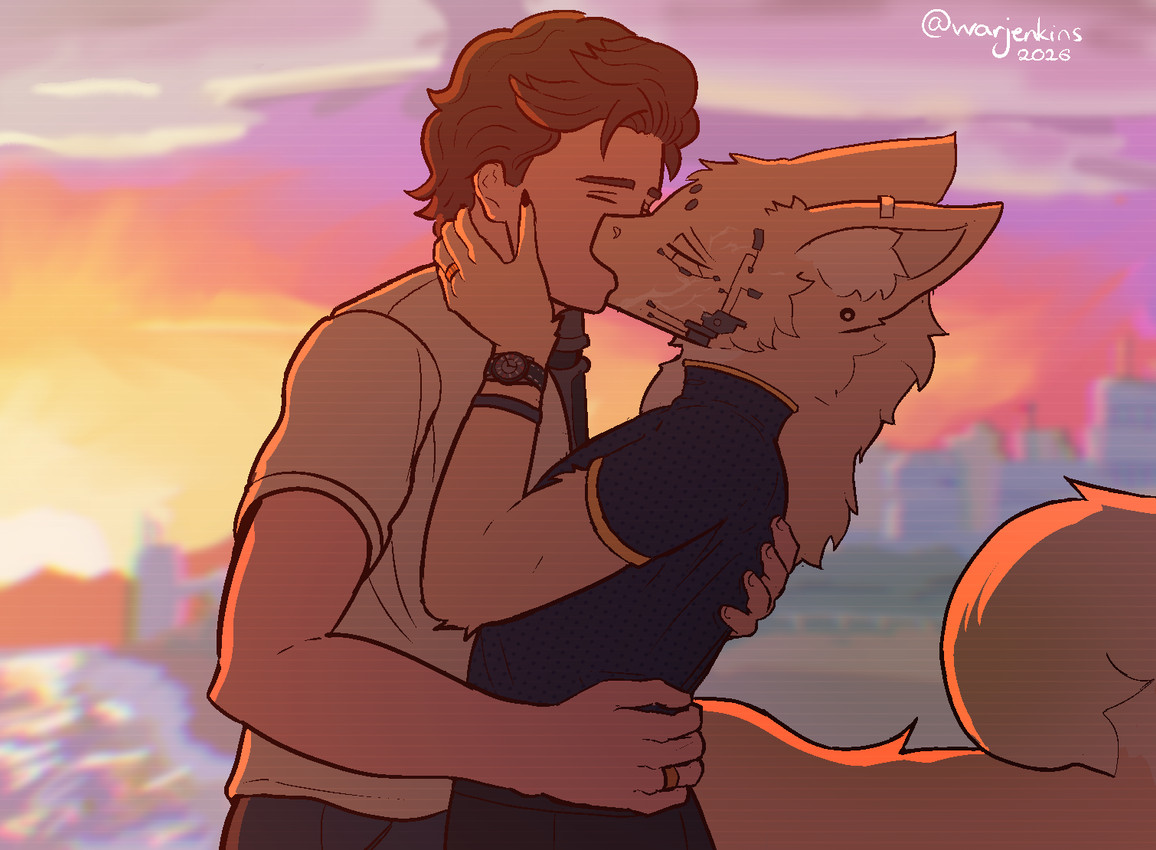 anthro beach bracelet clock clothed clothed_anthro clothed_male clothing cybernetic_arm cybernetic_limb cybernetics digit_ring duo ear_piercing fluffy fluffy_tail fully_clothed fully_clothed_anthro fully_clothed_male fur holding_cheek hug inner_ear_fluff jewelry kissing machine male male/male mane married_couple multicolored_body multicolored_fur piercing ring romantic shirt sky standing sunset tail tan_body tan_fur topwear tuft two_tone_body two_tone_fur watch wedding_ring wristwatch warjenkins thao_(warjenkins) human mammal unknown_species 2026 signature