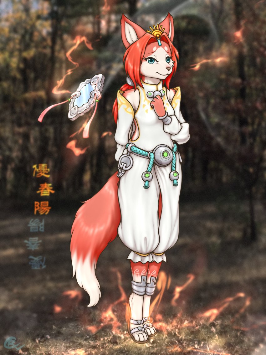 anthro blue_eyes clothed clothing countershading crown dipstick_tail feet female hair headgear leg_markings looking_at_viewer markings outside paws red_hair smile solo tail tail_markings text tiara toes crocodiler_owen koei_tecmo warriors_(game_series) warriors_all-stars tamaki_(warriors) canid canine fox mammal digital_media_(artwork) hi_res japanese_text shaded