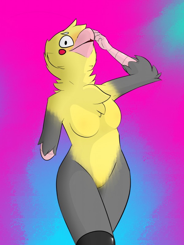 amputee anthro beak bionics blush breasts chest_tuft cybernetics disability embarrassed feathers featureless_breasts featureless_crotch female machine non-mammal_breasts nude simple_background solo tuft wide_hips yellow_body yellow_feathers colplasticat ava_seer avian bird cockatiel cockatoo parakeet parrot true_parrot absurd_res hi_res