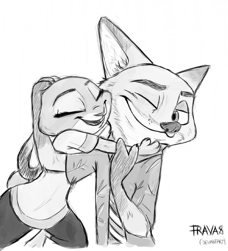 anthro clothed clothing duo eyes_closed female fully_clothed hug love male male/female one_eye_closed simple_background white_background frava8 disney zootopia judy_hopps nick_wilde canid canine fox lagomorph leporid mammal rabbit red_fox true_fox 2017 black_and_white digital_drawing_(artwork) digital_media_(artwork) monochrome