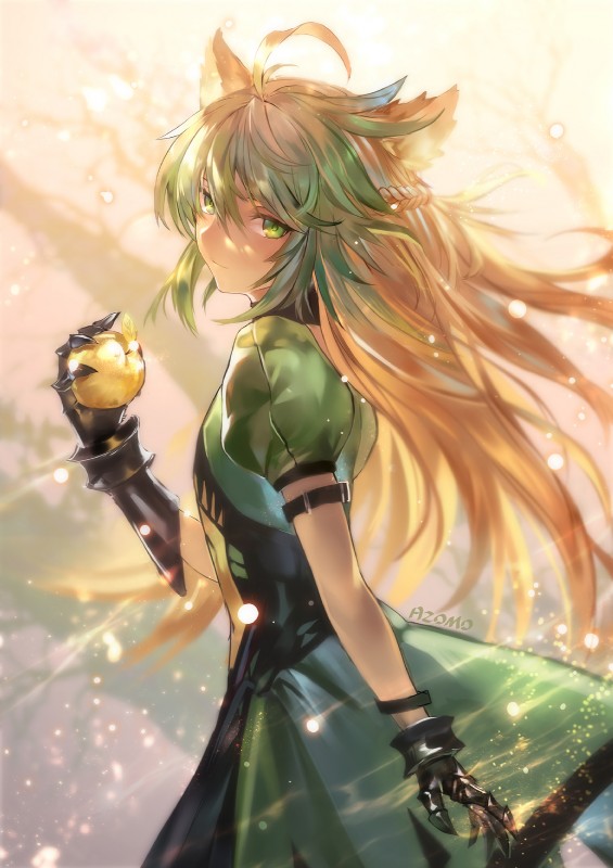 apple clothed clothing dress female flat_chested food fruit gloves gold_apple green_eyes green_hair hair handwear holding_object long_hair looking_at_viewer looking_back plant smile solo standing azomo fate_(series) type-moon archer_of_red atalanta_(fate) animal_humanoid cat_humanoid felid felid_humanoid feline feline_humanoid humanoid mammal mammal_humanoid 2019 hi_res