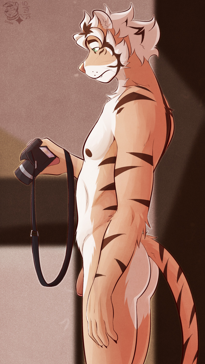 anthro black_nipples brown_highlights brown_stripes butt camera claws countershading flaccid fur genitals green_eyes hair highlights_(coloring) holding_camera holding_object inside logo looking_at_object looking_down male nipples nude_male orange_body orange_fur penis pink_nose pose short_hair side_view slim_male solo stripes tail text wall_(structure) whisker_spots whiskers white_body white_fur white_hair ventkazemaru dawn_chorus arvo_(dawn_chorus) felid mammal pantherine tiger 2025 absurd_res artist_logo artist_name dated digital_media_(artwork) hi_res pinup portrait shaded three-quarter_portrait