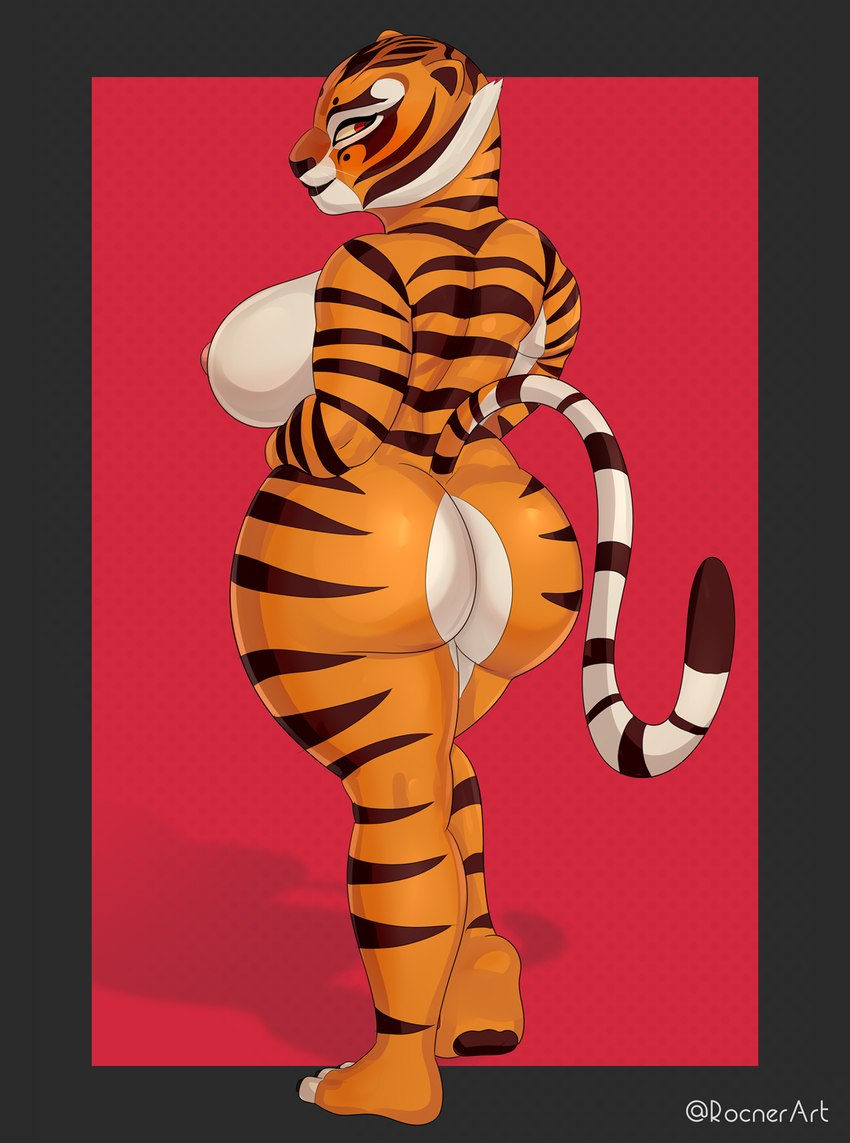 anthro big_breasts big_butt breasts butt dipstick_tail female huge_breasts looking_back markings multicolored_body nipples nude pink_nipples pupils red_eyes side_boob smile solo striped_body striped_markings striped_tail stripes tail tail_markings thick_thighs whiskers wide_hips yellow_sclera rocner dreamworks kung_fu_panda master_tigress felid mammal pantherine tiger hi_res