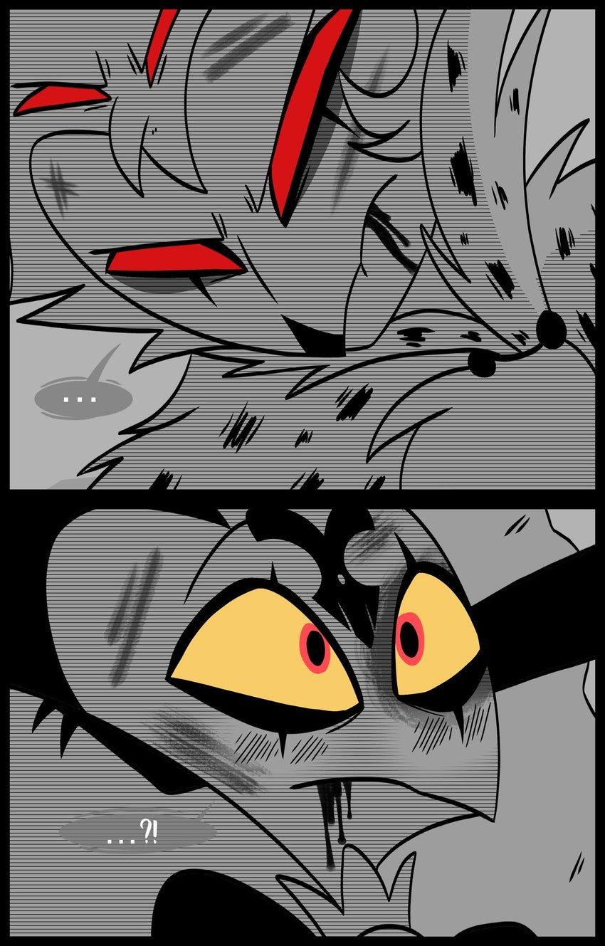 anthro bruised dialogue duo formal_clothing formal_wear grey_background male red_eyes shocked simple_background speech_bubble tense text white_text wounded yellow_eyes teathekook helluva_boss blitzo_(helluva_boss) stolas_(helluva_boss) avian bird imp owl owl_demon comic hi_res