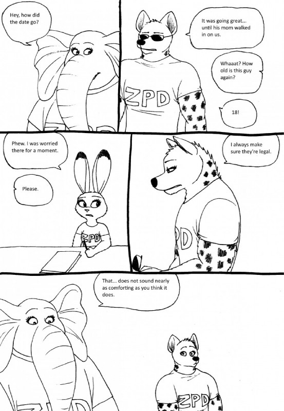 anthro blush clothing dialogue duo female flat_chested group long_ears size_difference text trunk bernielover disney zootopia becca_(bernielover) fan_character francine_pennington judy_hopps elephant elephantid hyena lagomorph leporid mammal proboscidean rabbit spotted_hyena black_and_white comic english_text hi_res monochrome