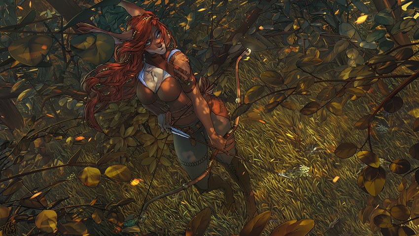 anthro arrow_(weapon) bow_(weapon) breasts brown_hair clothed clothing cocked_bow day detailed_background female forest grass hair holding_bow_(weapon) holding_object holding_ranged_weapon holding_weapon outside plant ranged_weapon solo tree weapon okithau teive lagomorph leporid mammal rabbit 16:9 2021 digital_media_(artwork) widescreen