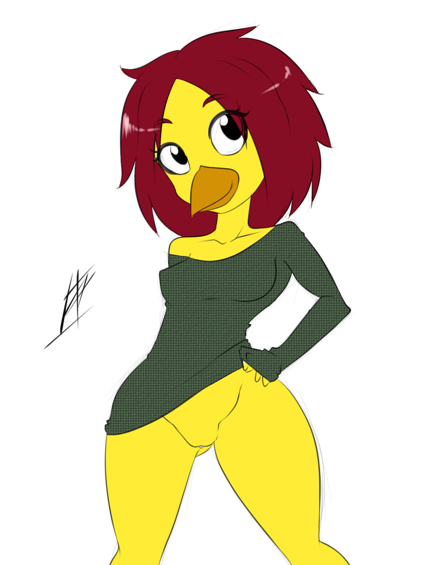 anthro bare_shoulders beak bottomless breasts brown_hair clothed clothing curvy_figure female genitals hair messy_hair non-mammal_breasts oversized_clothing pussy shirt simple_background smile solo thick_thighs topwear wide_hips yellow_body inuyuru regue_chicken violeta_herrera avian bird chicken galliform gallus_(genus) mammal phasianid hi_res