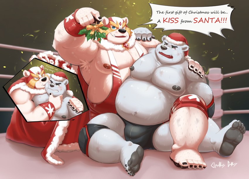 anthro armpit_hair belly blush bodily_fluids body_hair bulge christmas_clothing christmas_headwear clothing duo hat headgear headwear holidays hug kemono kissing male male/male mask moobs nipples overweight overweight_male santa_hat sitting sweat text underwear wrestler wrestling_singlet aotoaka christmas bear mammal polar_bear ursine 2021 english_text hi_res