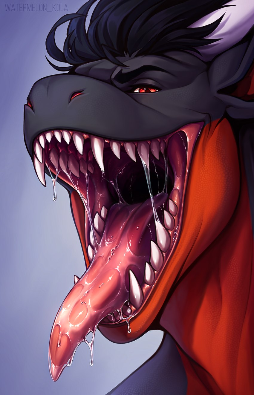 anthro bodily_fluids drooling fangs front_view grey_body male mouth_shot narrowed_eyes open_mouth red_body red_eyes saliva saliva_on_tongue sharp_teeth simple_background solo teeth tongue tongue_out kolaa mythology daphniir dragon mythological_creature mythological_scalie scalie hi_res