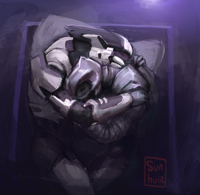 armor bed cuddling duo furniture love lying male male/male on_bed pillow romantic romantic_couple simple_background sunhuiz halo_(series) microsoft xbox_game_studios arbiter_(halo) rtas_'vadum thel_'vadam alien sangheili digital_media_(artwork) digital_painting_(artwork) hi_res