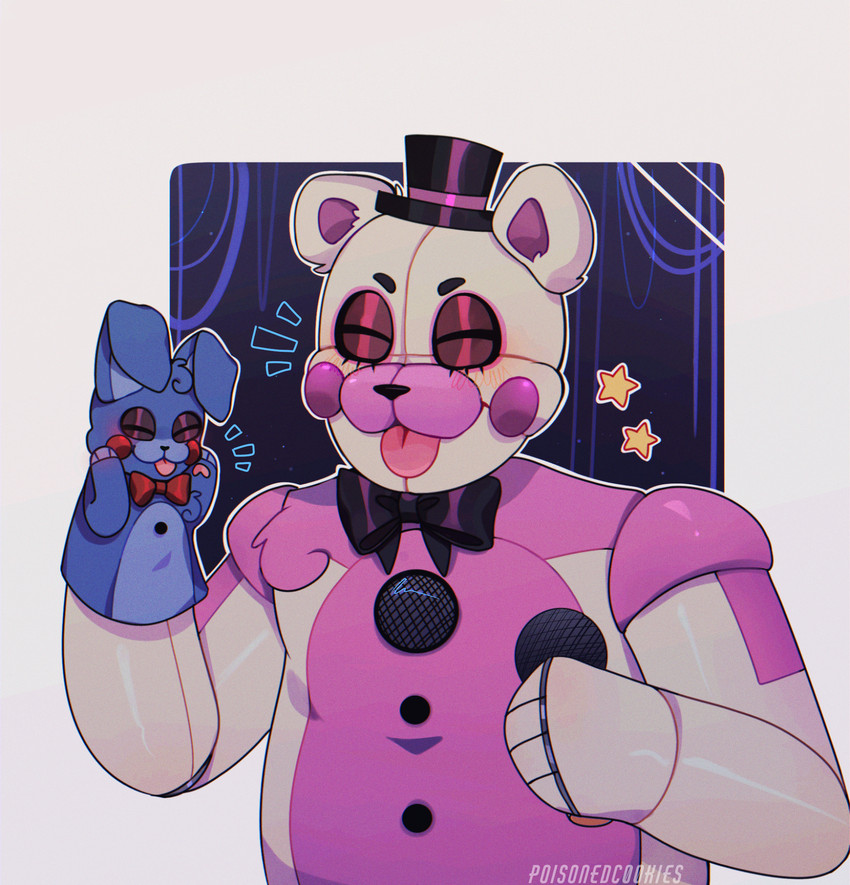 :3c >:3c abstract_background ambiguous_gender anthro big_ears black_background black_nose blep blue_background blue_body blue_ears blue_fur blue_hair blush border bow_tie close-up clothing duo electronics eyelashes eyes_closed fur hair hand_on_face hand_on_head hand_puppet hat headgear headwear holding_microphone holding_object long_ears machine male microphone multicolored_body multicolored_ears multicolored_fur pawpads paws pink_body pink_fur pink_tongue puppet purple_ears raised_arm shadow short_ears short_hair simple_background singer size_difference slightly_chubby smile standing star tongue tongue_out top_hat two_tone_body two_tone_ears two_tone_fur white_body white_border white_ears white_fur wire poisoned-c00kies five_nights_at_freddy's scottgames sister_location funtime_freddy_(fnafsl) puppet_bonnie_(fnafsl) animatronic bear lagomorph leporid mammal rabbit robot 2020 half-length_portrait hi_res portrait