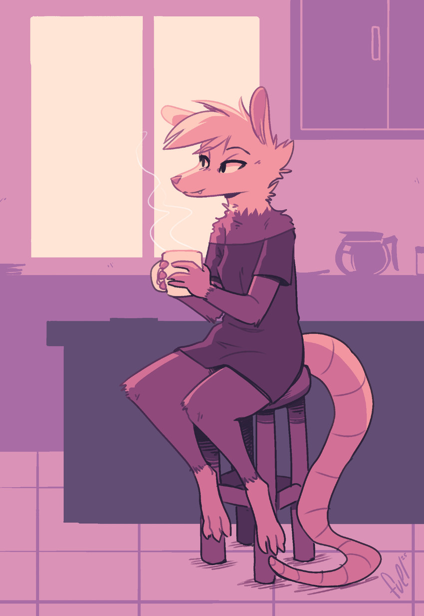 anthro arm_tuft bangs barefoot biped bottomless cheek_tuft clothed clothing coffee_mug coffee_pot cute_fangs elbow_tuft facial_tuft fangs feet female furniture holding_coffee_mug inside kitchen knee_tuft leg_tuft long_tail neck_tuft off_shoulder shirt shirt_only shoulder_tuft sitting solo stool tail teeth topwear topwear_only tuft fuel_(artist) zelda_(fuel) american_opossum mammal marsupial virginia_opossum 2025 hi_res signature