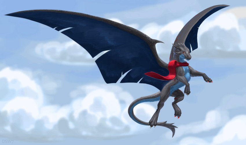 blue_body blue_fur claws feral fluffy fur male red_eyes red_scarf scar scarf sky skyscape solo tail teeth toe_claws dsw7 mythology arkylite dragon mythological_creature mythological_scalie scalie hi_res