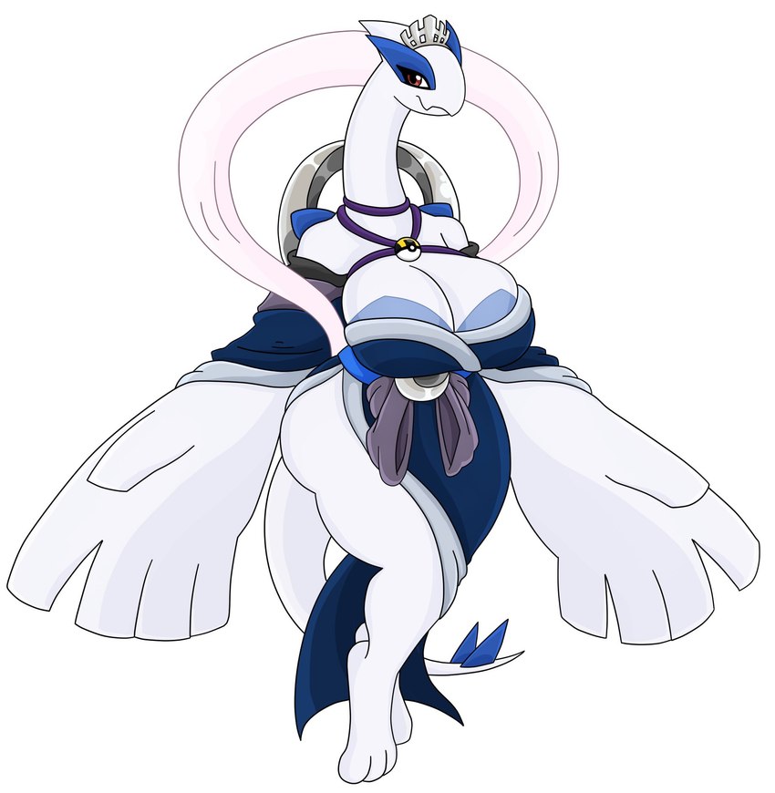 accessory anthro big_breasts blue_clothing breasts clothed clothing crown female headgear huge_breasts neckwear pokeball red_eyes shirt simple_background solo tail topwear tunic ultra_ball white_background white_body wings urusee584 nintendo pokemon avian generation_2_pokemon legendary_pokemon lugia pokemon_(species) hi_res