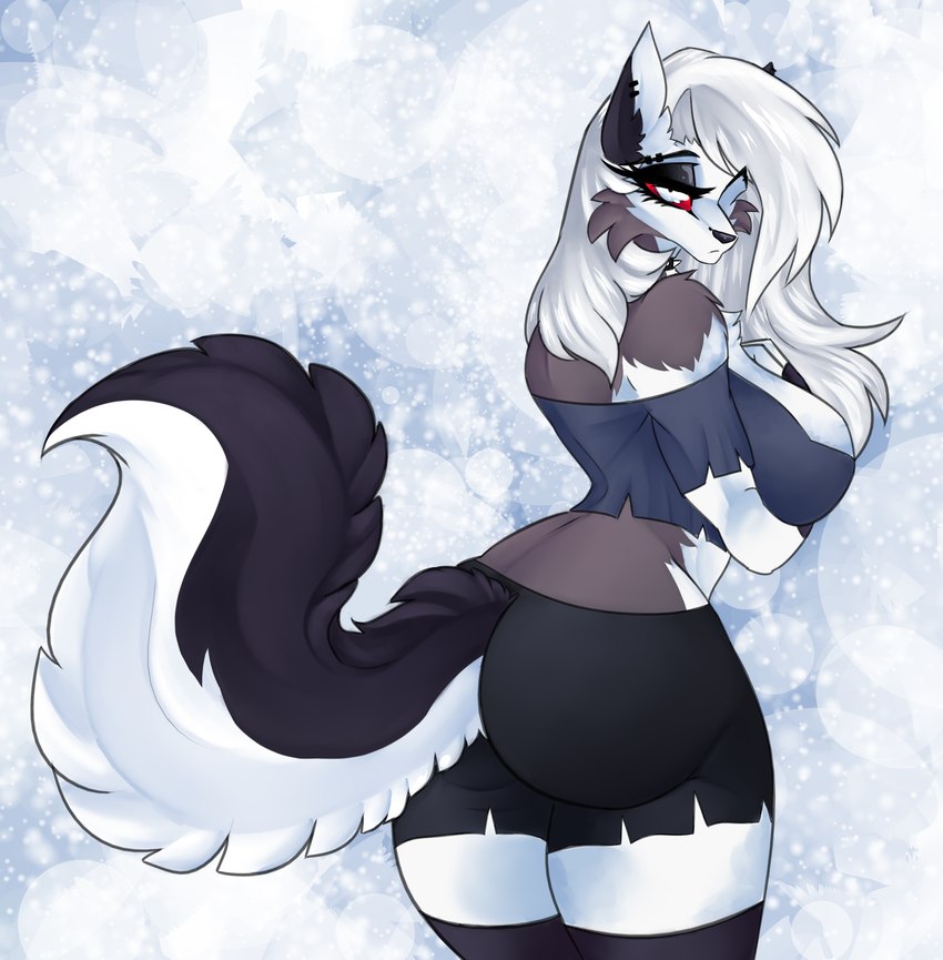 anthro bottomwear breasts brown_body brown_fur butt clothing collar ear_piercing ear_ring eyebrow_piercing eyebrow_ring facial_piercing female fluffy fluffy_tail fur glistening glistening_eyes grey_hair hair pants piercing red_eyes ring_piercing spiked_collar spikes tail white_body white_fur cassielink helluva_boss mythology loona_(helluva_boss) canid canid_demon canine demon hellhound mammal mythological_canine mythological_creature absurd_res digital_media_(artwork) digital_painting_(artwork) hi_res sketch