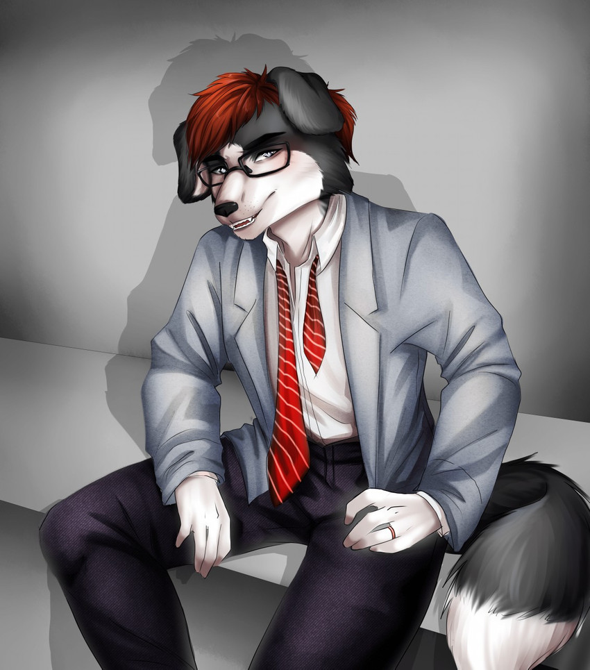 bench blue_eyes clothing digit_ring eyewear formal_wear glasses hair jewelry male red_hair ring smile solo suit undone_tie wedding_ring ermarausch jaxxy_fur border_collie canid canine canis collie domestic_dog herding_dog mammal pastoral_dog sheepdog hi_res