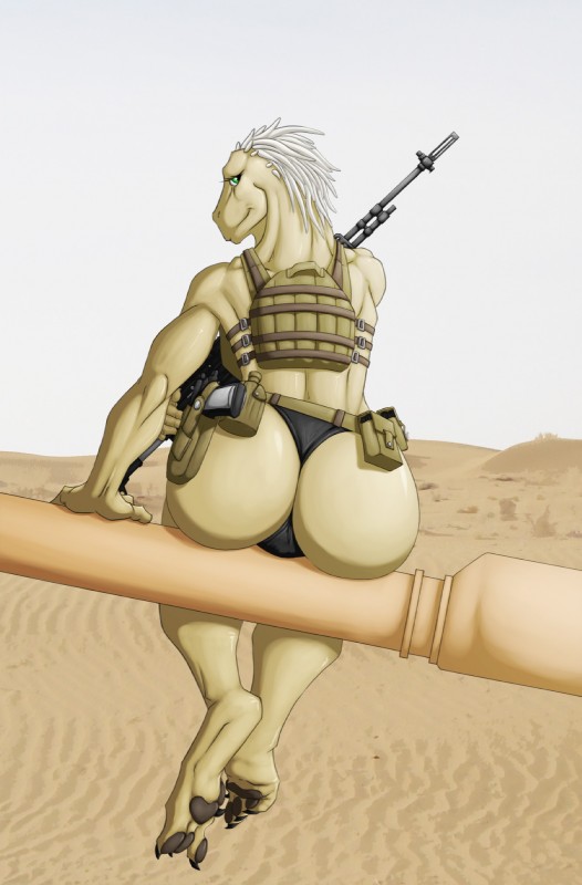 anthro bag big_butt biped black_pawpads bulletproof_vest butt canteen clothing desert desert_camo female gun hair handgun holster looking_at_viewer m60 machine_gun muscular muscular_anthro muscular_female pawpads plate_carrier ranged_weapon sand sitting solo tank tank_barrel vehicle weapon white_hair saruuk lizard reptile scalie hi_res