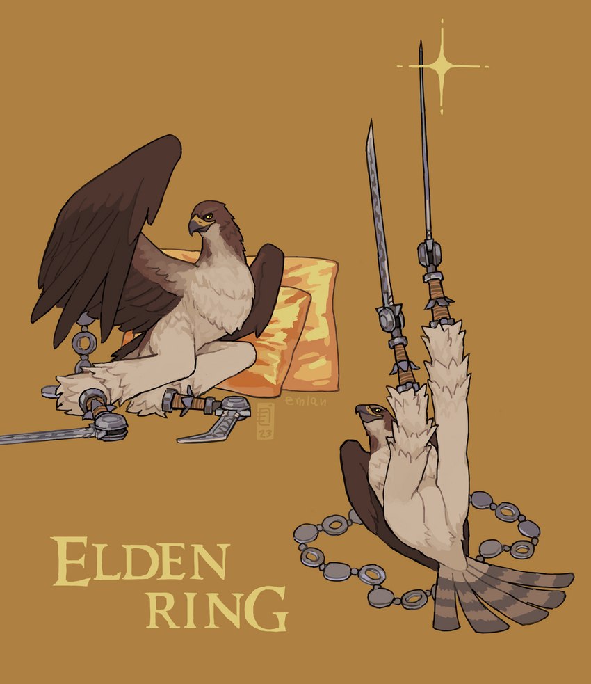 ambiguous_gender avian_butt bdsm bondage bound feral prosthetic prosthetic_leg prosthetic_limb restrained solo text emlan elden_ring fromsoftware avian bird warhawk_(elden_ring) copyright_name hi_res