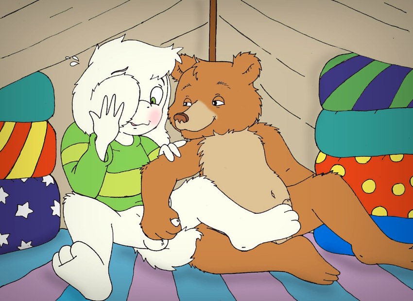 anthro balls blush bottomless clothed clothing duo feet foot_fetish foot_play footjob foreskin genitals handjob male male/male nervous penile penis sex young young_anthro nelson88 disney little_bear undertale undertale_(series) asriel_dreemurr little_bear_(character) bear bovid caprine mammal crossover