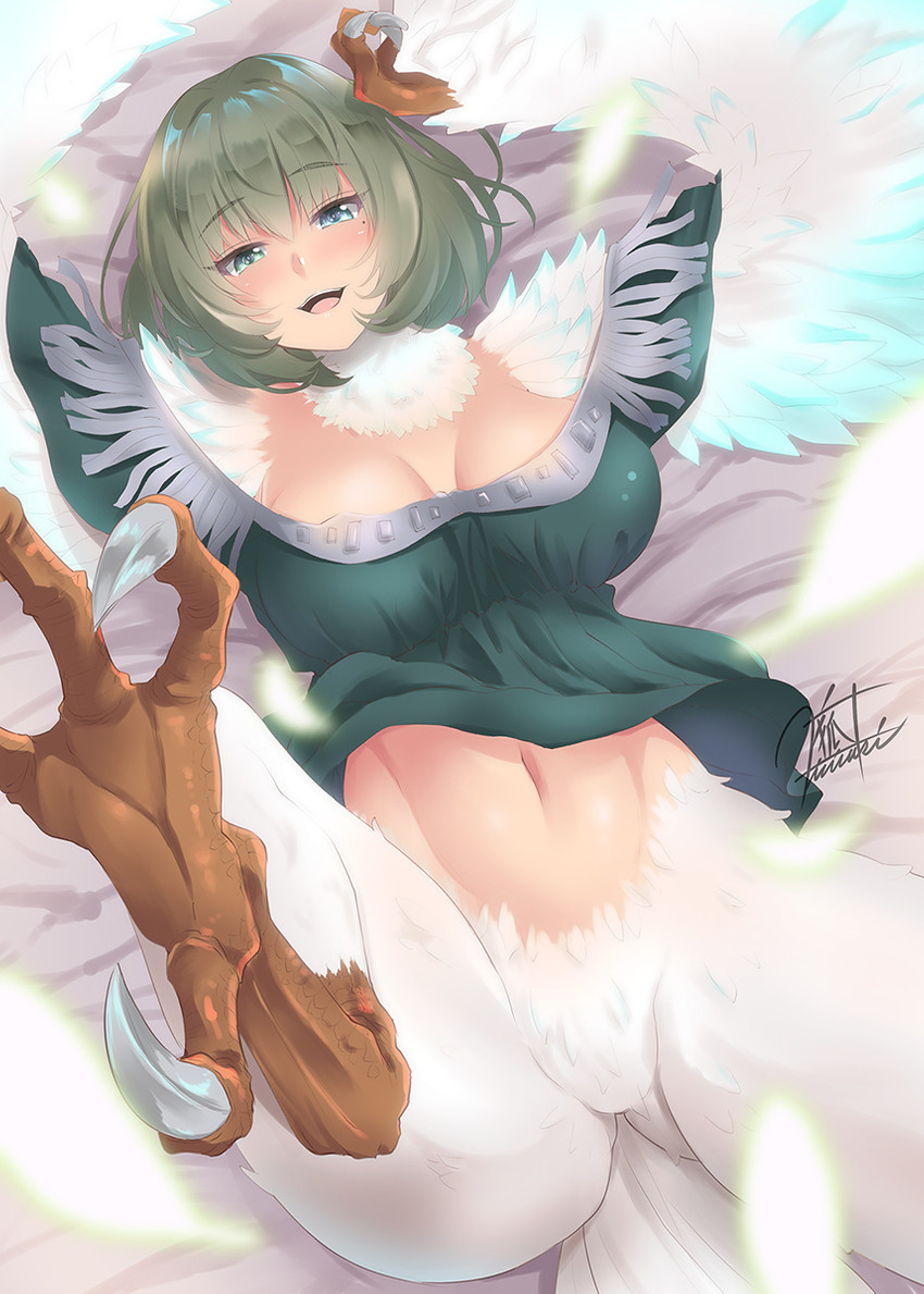 :d bangs bed bed_sheet bedding big_breasts biped bird_legs blue_eyes blush breasts butt butt_from_the_front cleavage clothed clothing digitigrade dutch_angle eyebrow_through_hair eyebrows feathered_wings feathers feet female fringe_clothing fringe_trim furniture green_clothing green_eyes green_hair green_shirt green_topwear hair hair_between_eyes hair_intakes heterochromia looking_at_viewer lying markings mole_(marking) mole_under_eye monster_girl_(genre) monsterification navel on_back on_bed open_mouth raised_leg shirt short_hair sidelocks smile solo tail tail_feathers talons toes topwear translucent translucent_hair winged_arms wings kirisaki_byakko cygames european_mythology greek_mythology idolmaster idolmaster_cinderella_girls mythology takagaki_kaede animal_humanoid avian avian_humanoid harpy humanoid mythological_avian mythological_creature hi_res portrait signature three-quarter_portrait