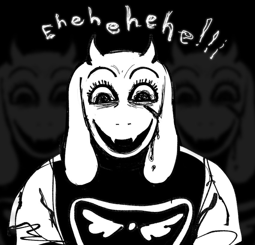 anthro blood blood_on_face bodily_fluids crazy_eyes creepy creepy_face creepy_smile delta_rune_(emblem) dying eye_bags eyelashes facial_wound fangs female gash horn insane laugh looking_at_viewer maniacal_laughing mind_break monster_girl_(genre) nightmare_fuel smile solo symbol teeth text vocalization white_body wide_eyed wounded underfellx undertale undertale_(series) toriel bovid caprine eldritch_abomination goat humanoid mammal broken monochrome reaction_image