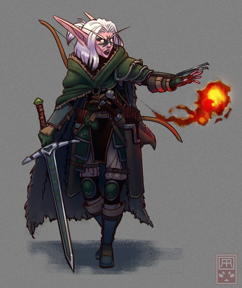 bow_(weapon) female fire fireball hair melee_weapon not_furry ranged_weapon simple_background solo sword weapon white_hair shadoca blizzard_entertainment warcraft elf humanoid night_elf hi_res