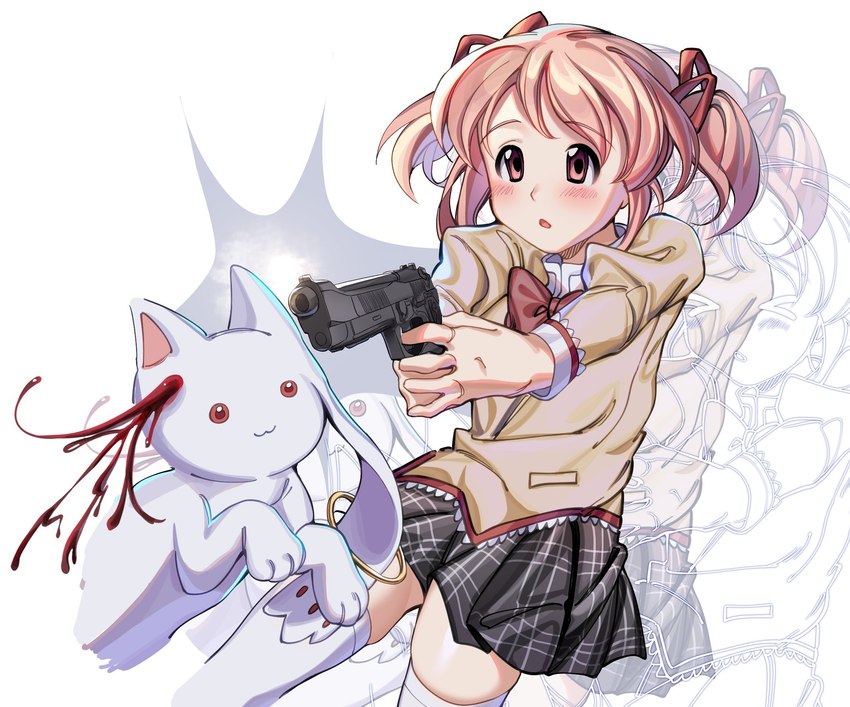 ambiguous_gender blood bodily_fluids chibi clothed clothing duo female feral gun ranged_weapon weapon kuro_chromium puella_magi puella_magi_madoka_magica kyubey madoka_kaname human incubator_(puella_magi) mammal hi_res