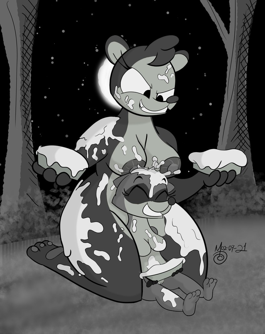 anthro commercial duo female female/female food food_fetish food_play mascot messy pastry pie pie_fight size_difference slightly_chubby slightly_chubby_female wam sebaku bear mammal procyonid raccoon black_and_white hi_res monochrome