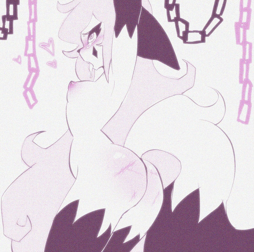 ahegao anthro areola biped black_arms black_body black_ears black_fur black_legs black_markings black_tail blush bodily_fluids body_blush breasts butt butt_blush butt_injury chain desaturated eyelashes facial_markings female fur hair head_markings heart_symbol long_hair long_tail looking_pleasured looking_up markings multicolored_body multicolored_fur multicolored_tail nipples nude pink_eyes pink_hair purple_areola purple_nipples raised_arm saliva simple_background solo standing tail tongue tongue_out white_body white_fur freetobegreene rossali_(character) canid canine fennec_fox fox mammal true_fox 2020 digital_media_(artwork)