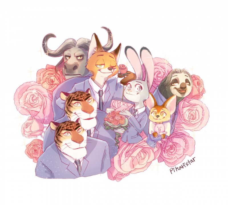 anthro clothed clothing countershading female flower fur group horn male plant rose_(flower) simple_background white_background pikaristar disney zootopia chief_bogo finnick_(zootopia) flash_slothmore judy_hopps nick_wilde tiger_dancer_(zootopia) bovid bovine canid canine cape_buffalo felid fennec_fox fox lagomorph leporid mammal pantherine pilosan rabbit red_fox sloth three-toed_sloth tiger true_fox xenarthran hi_res