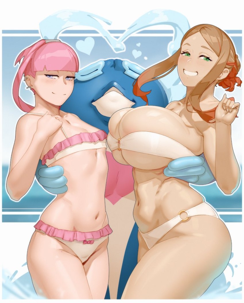 anthro big_breasts blue_background blue_body blue_eyes breasts brown_hair bulging_breasts cleavage cleavage_overflow clothed clothing dark_body dark_skin ear_piercing eyelashes eyes_closed female flat_chested front_view green_eyes group hair heart_(marking) heart_symbol hug huge_breasts looking_at_viewer male markings navel partially_submerged piercing pink_clothing pink_hair pink_swimwear sea short_hair simple_background skindentation slightly_chubby smile standing_in_water swimwear tan_body tan_skin thick_thighs trio water white_background white_body white_clothing white_swimwear wide_hips materclaws nintendo pokemon mollie_(pokemon) orla_(pokemon) generation_9_pokemon human mammal palafin palafin_(hero_form) pokemon_(species) 2024