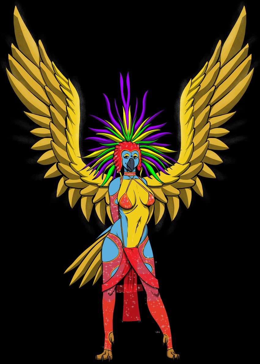 anthro blue_body blue_feathers clothing feathered_wings feathers female hands_behind_back holidays legwear looking_at_viewer samba samba_dancer samba_outfit simple_background solo sparkles thigh_highs translucent translucent_clothing wings yellow_body yellow_feathers spicedevil spicedevil_(artist) brazilian_carnival carnival_(holiday) corianne_tempest avian bird macaw neotropical_parrot parrot true_parrot absurd_res alpha_channel full-length_portrait hi_res portrait