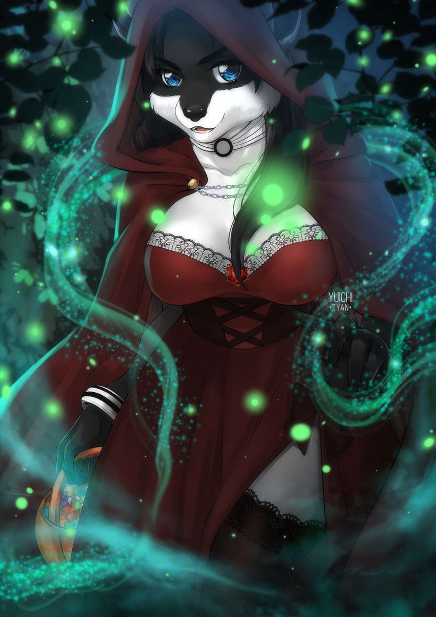 anthro basket black_hair black_nose blue_eyes breasts choker cleavage clothed clothing container dress female hair jewelry legwear looking_at_viewer magic necklace night outside solo stockings yuichi-tyan sila_dione hybrid mammal procyonid 2022 absurd_res hi_res