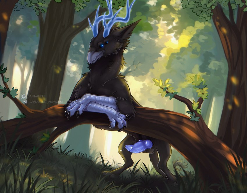 4_eyes antlers balls beak black_sclera blue_antlers blue_eyes blue_penis bodily_fluids claws erection feral forest genital_fluids genitals horn knot male multi_eye nature penis plant precum scuted_arms scutes solo tail tail_tuft toe_claws tree tuft darkarlett mythology avian gryphon monster mythological_avian mythological_creature hi_res