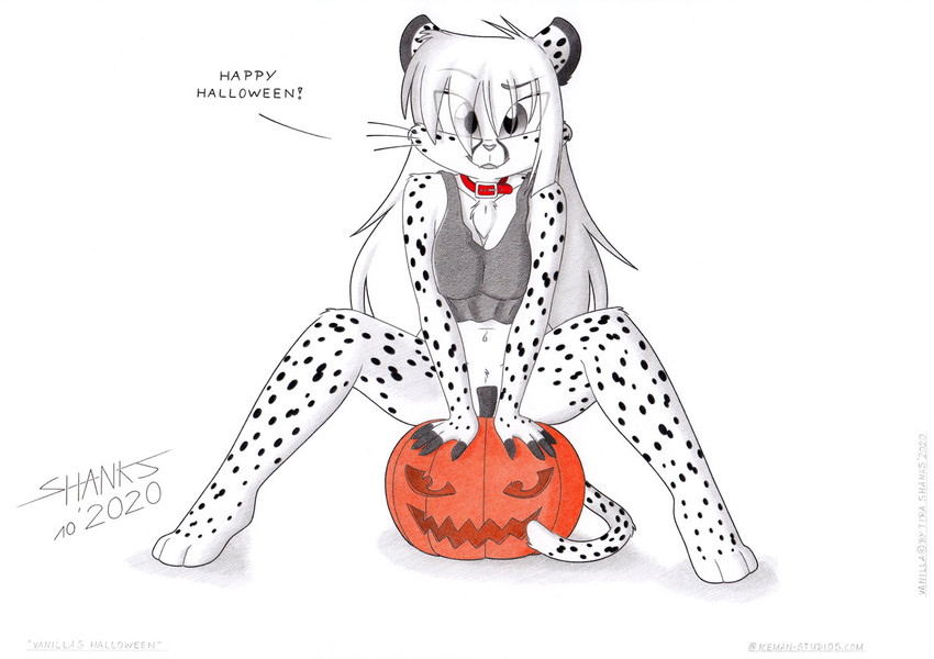 3_toes anthro barefoot bottomless clothed clothing collar exposure_variation feet female food fruit holiday_message holidays no_underwear paws plant pumpkin solo text toes tirashanks_(artist) halloween vanilla_(tirashanks) cheetah felid feline mammal english_text