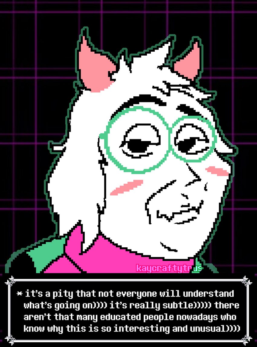 anthro black_background blush blush_lines clothing eyewear fangs fur glasses green_clothing green_eyewear green_glasses green_outline horn male meme_face outline pink_horn pink_scarf purple_background scarf simple_background smugjak solo teeth text white_body white_fur kaycraftytrus deltarune soyjak undertale_(series) vkontakte ralsei bovid caprine goat mammal digital_media_(artwork) english_text hi_res meme pixel_(artwork)