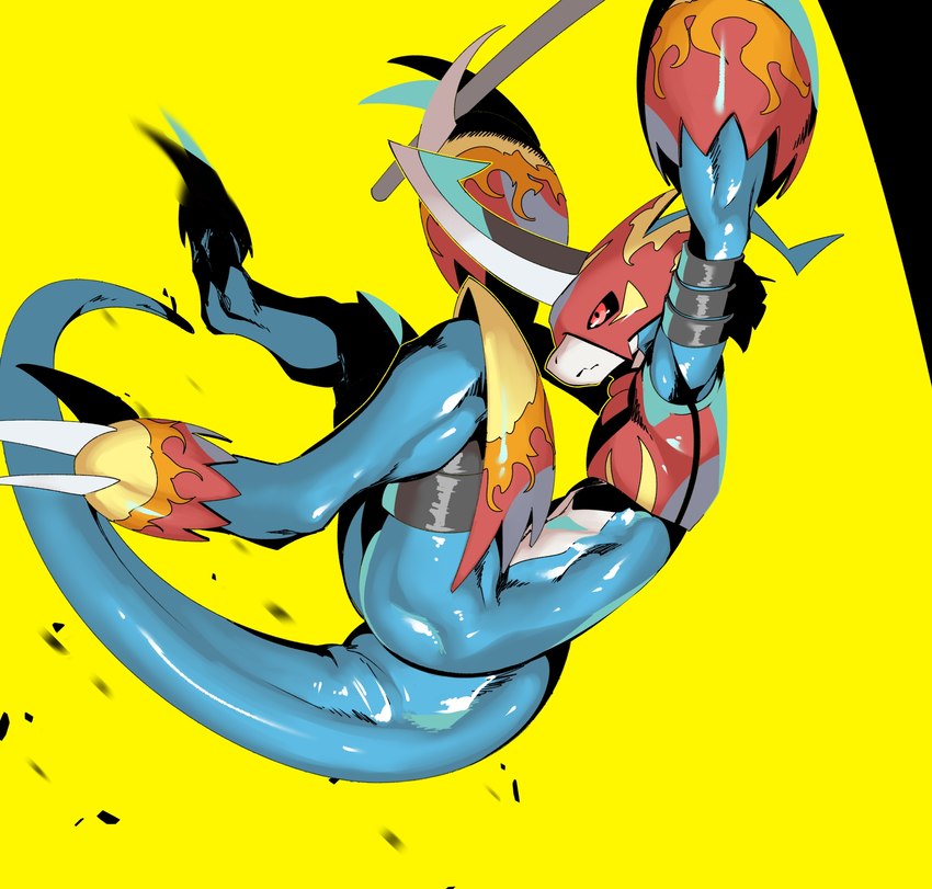 anthro armor athletic blue_body butt claws gymnastics headgear helmet leather male red_eyes solo straps skink_hisshiss bandai_namco digimon digimon_(species) flamedramon hi_res