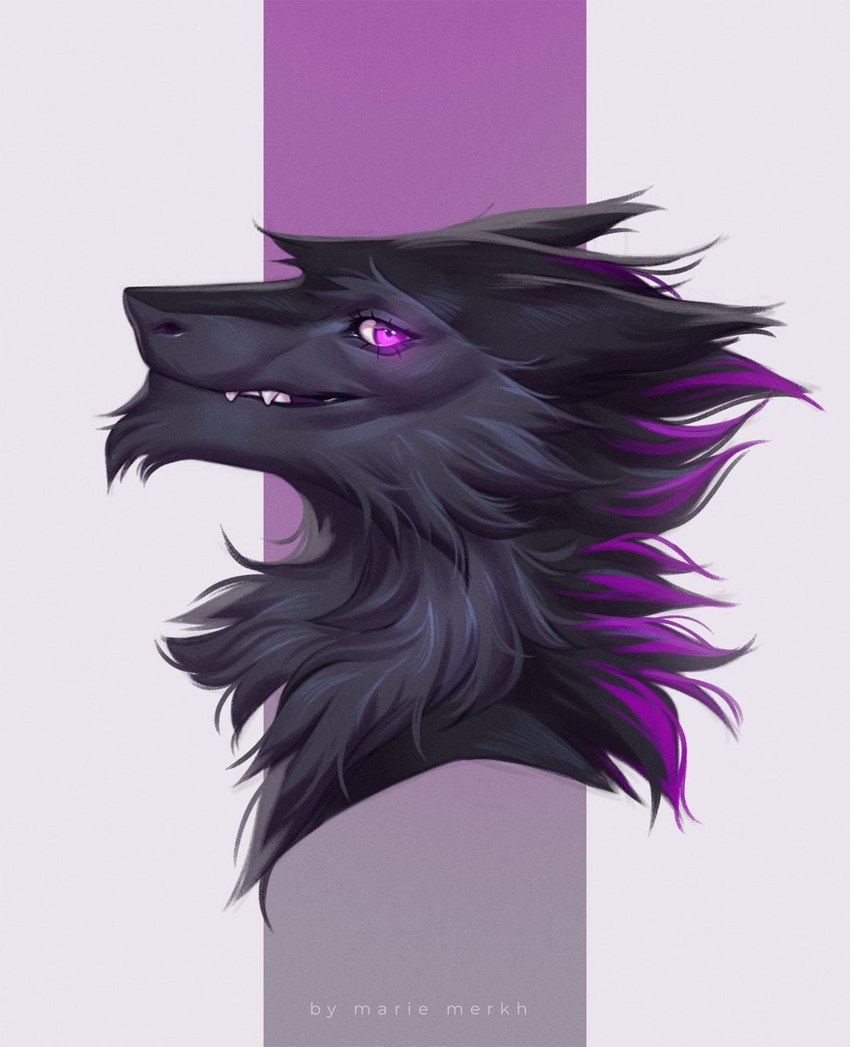 anthro black_body black_fur cheek_tuft chin_tuft facial_tuft fur glistening glistening_eyes grey_body grey_fur male neck_tuft purple_eyes side_view simple_background solo tuft marie_merkh sergal artist_name hi_res