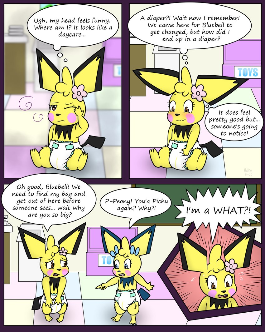 age_regression ageplay anthro blush bodily_fluids clothing daycare diaper diaper_pail duo embarrassed female infantilism roleplay shocked surprise sweat text young young_anthro hydroftt nintendo pokemon bluebell_fiorello peony_fiorello generation_1_pokemon generation_2_pokemon mammal pichu pikachu pokemon_(species) rodent 4:5 absurd_res comic english_text hi_res translated sibling_(lore) sister_(lore)