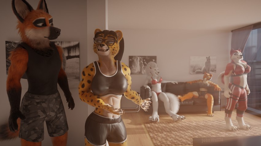 abs anthro apartment athletic athletic_anthro athletic_female athletic_wear black_hair bottomwear bra brown_body brown_eyes brown_fur cheek_tuft claws clothing countershading eyewear facial_markings facial_tuft female fluffy fluffy_tail fur furniture glasses group gym_bottomwear gym_shorts hair head_markings imminent_sex inside leggings legwear light looking_at_another male mane markings muscular muscular_anthro muscular_female nipple_outline orange_body orange_fur panties pawpads paws red_body red_fur shirt shorts sitting sleeveless_shirt smile sofa sports_bra spots spotted_body spotted_fur spread_legs spreading standing striped_body striped_fur stripes sunlight tail teeth_showing topwear tuft underwear whiskers white_body white_fur white_hair yellow_body yellow_eyes yellow_fur johnwulffe balto_(series) blizzard_entertainment dreamworks kung_fu_panda mythology universal_studios warcraft chenira_(johnwulffe) edelie_(johnwulffe) guarez_(johnwulffe) jenna_(balto) master_tigress canid canine canis cheetah domestic_dog felid feline felis husky mammal maned_wolf mythological_canine mythological_creature nordic_sled_dog pantherine spitz tiger werecanid werecanine werecreature werewolf worgen 16:9 3d_(artwork) digital_media_(artwork) hi_res widescreen