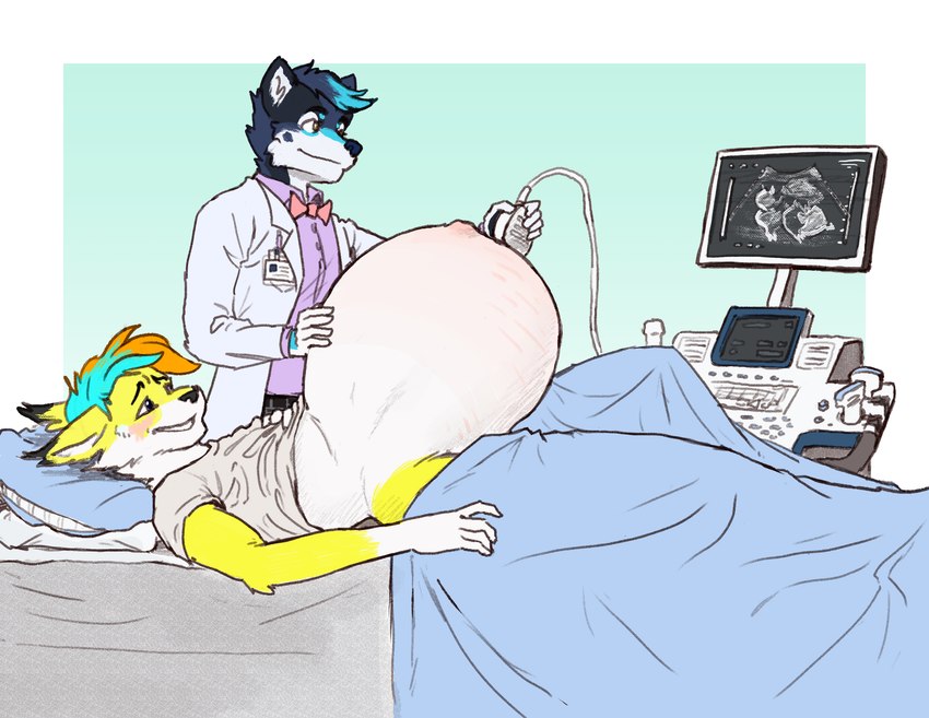 anthro bed belly big_belly blue_hair blue_highlights blush clothing doctor duo fur furniture hair hand_on_belly highlights_(coloring) hospital hospital_bed hyper hyper_pregnancy lying male medical_examination medical_instrument navel necktie on_back on_bed orange_hair outie_navel pillow pregnant pregnant_anthro pregnant_male scientific_instrument screen shirt smile stretch_marks suit topwear ultrasound white_body white_fur yellow_body yellow_fur synthgoblin indigo_(watergami) water_(watergami) canid canine canis domestic_dog felid feline lynx mammal 2022 absurd_res hi_res