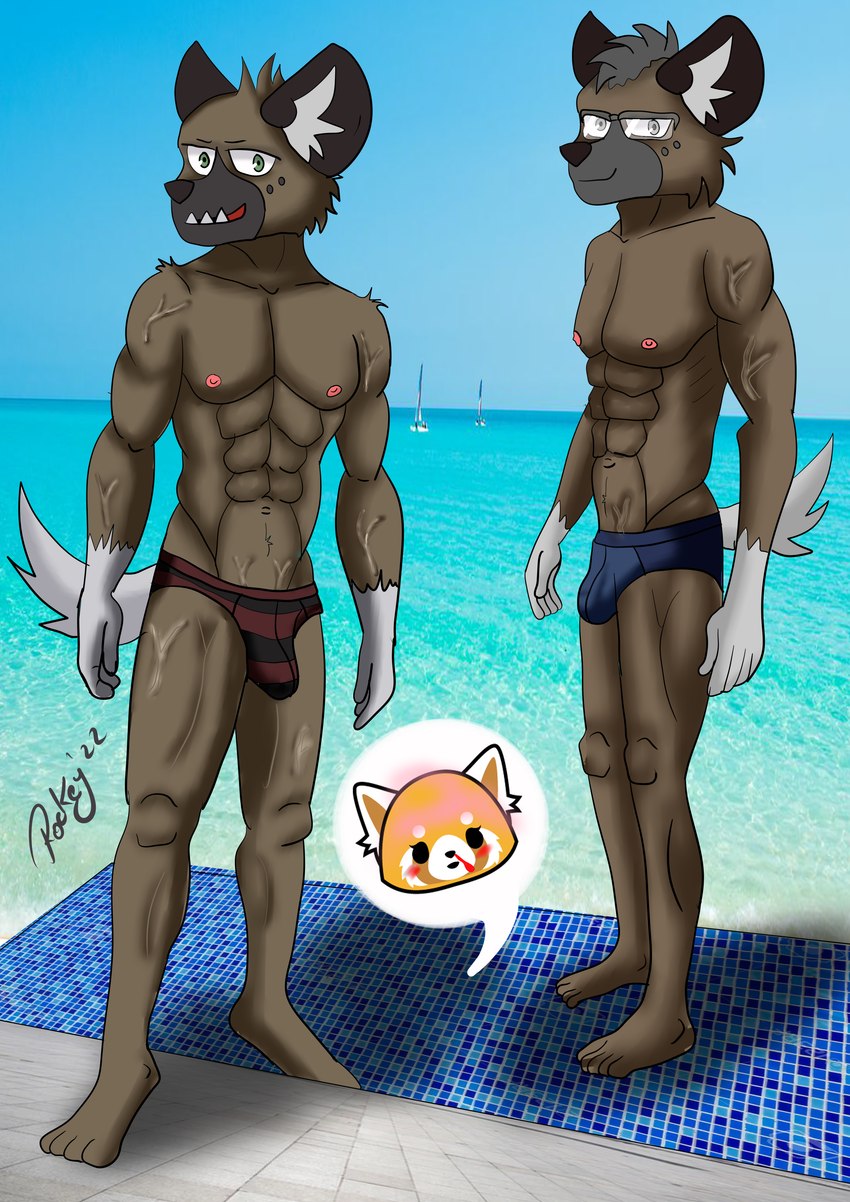 abs ambiguous_gender anime_nosebleed anthro beady_eyes black_nose blood blush bodily_fluids brown_body brown_fur bulge clothed clothing day detailed_background duo_focus fur green_eyes grey_body grey_eyes grey_fur group male male_focus muscular muscular_male navel nipples nosebleed outside pecs photo_background pink_nipples plantigrade red_blush speedo standing swimwear tail topless trio vein veiny_muscles coyoteed aggretsuko sanrio haida_(aggretsuko) jiro_haida_(aggretsuko) retsuko ailurid hyena mammal red_panda spotted_hyena 2022 absurd_res digital_drawing_(artwork) digital_media_(artwork) hi_res photography_(artwork) shaded signature soft_shading brother_(lore) brothers_(lore) female_(lore) sibling_(lore)