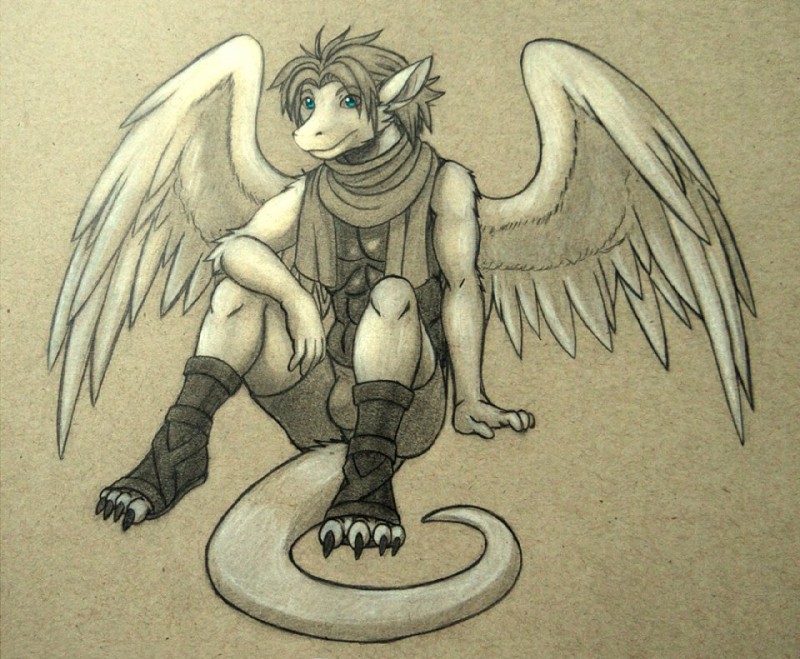 anthro blue_eyes bulge claws feathered_wings feathers male solo tail wings nameless00 mythology siegfried angel angel_dragon dragon feathered_dragon feathered_scalie mythological_creature mythological_scalie scalie traditional_media_(artwork)